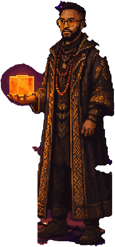 Oto in his robe, holding the amber cube